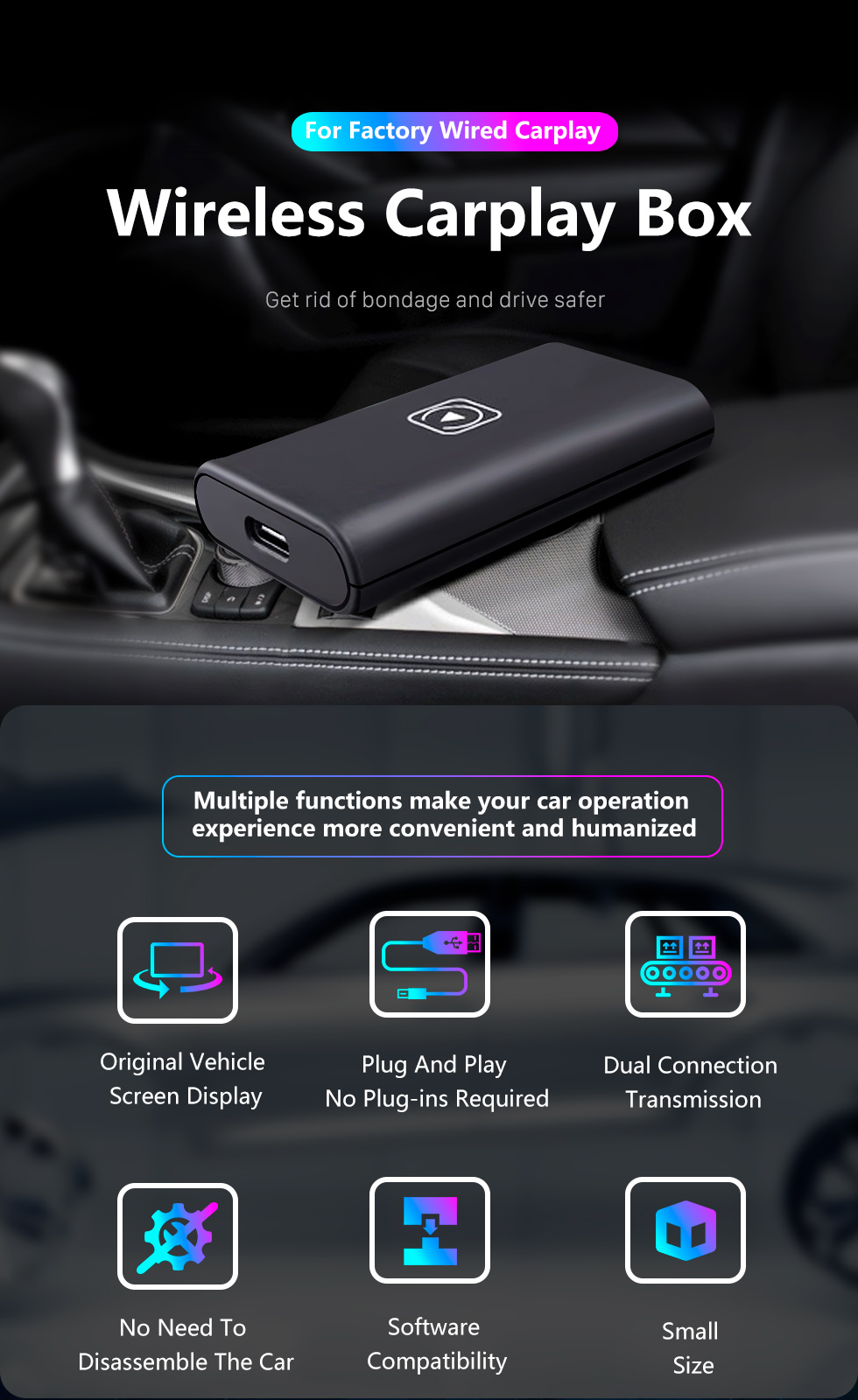 Wireless CarPlay Adapter, Apple CarPlay Wireless USB Dongle factory Wired.