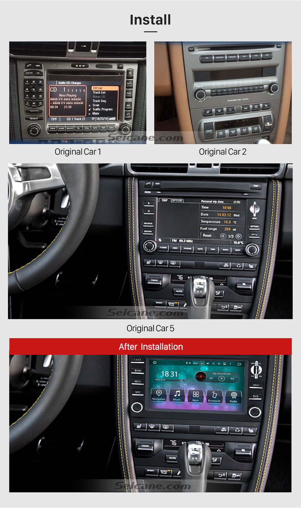 Seicane Android 9.0 Sistema de navegação GPS para 2005-2008 Porsche 911 997 com DVD Player Tela sensível ao toque Rádio Bluetooth WiFi TV Backup Câmera Controle de volante HD 1080P Vídeo USB SD