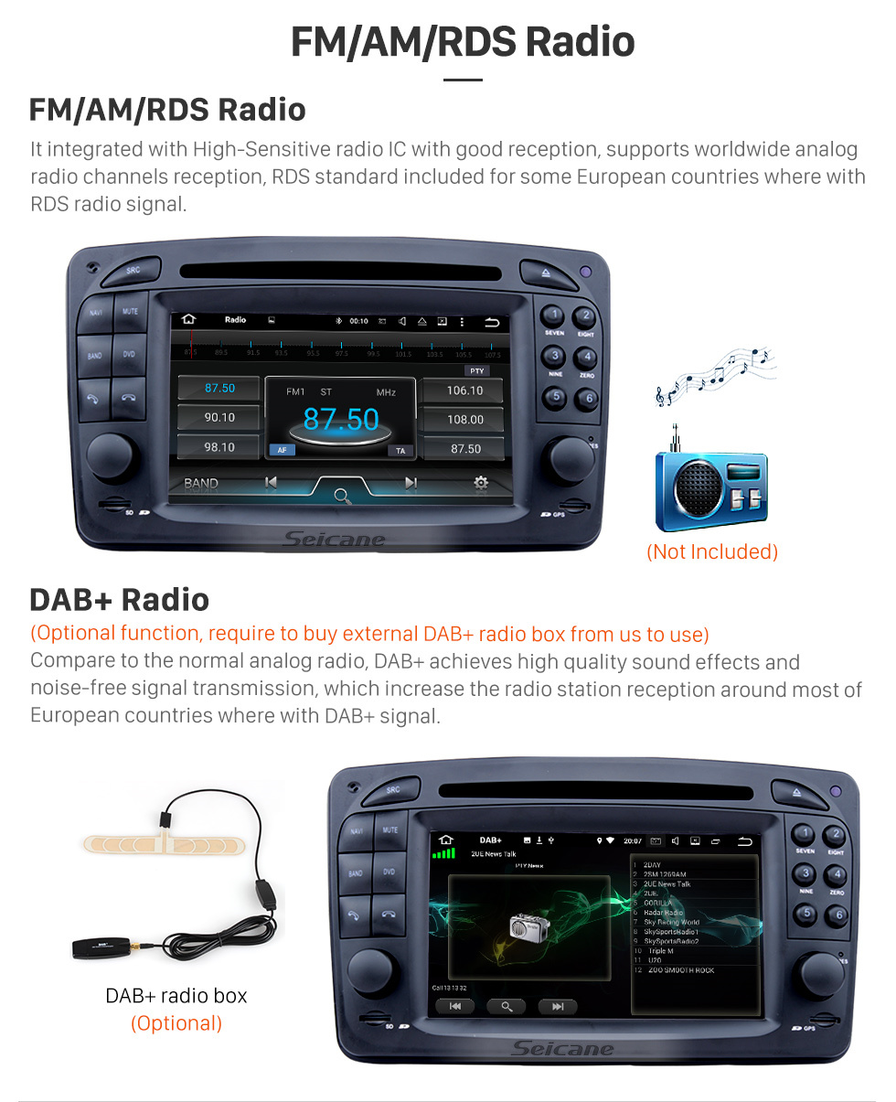 Seicane 2002-2005 Mercedes-Benz Vaneo Android 8.0 sistema de navegación GPS Radio Reproductor DVD Pantalla táctil TV HD 1080P Vídeo Bluetooth WiFi visión trasera cámara Control del volante USB SD 