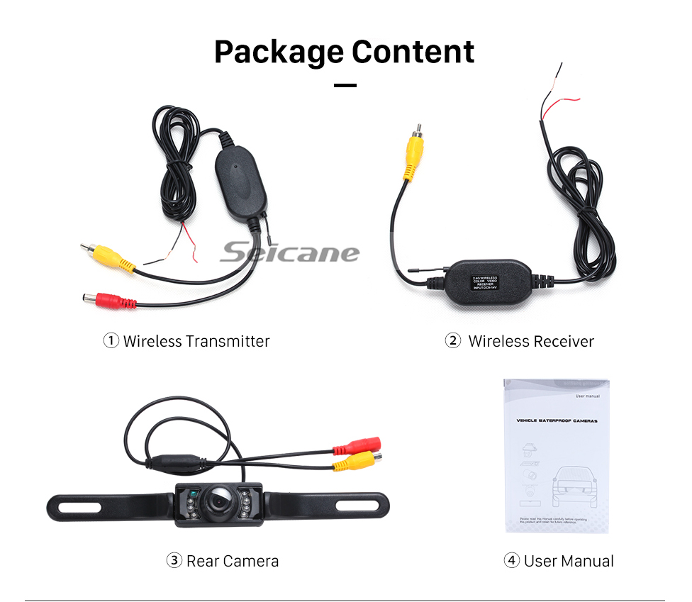 Package Content Seicane sans fil Caméra pour après marché voiture radio