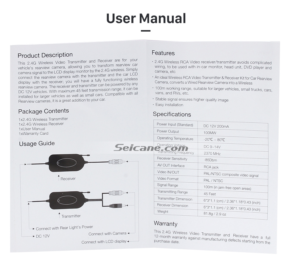 User Manual Seicane sans fil Caméra pour après marché voiture radio