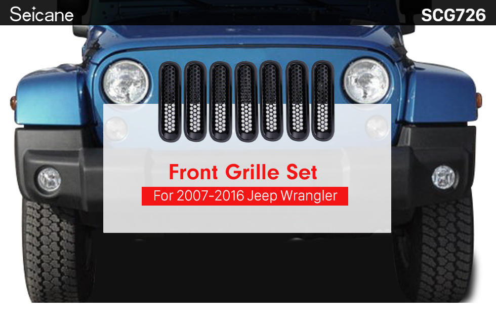 Seicane Accesorios de coches Negro ABS Grille Grille delantera de plástico para 2007-2016 Jeep Wrangler Mesh Cover 7pcs