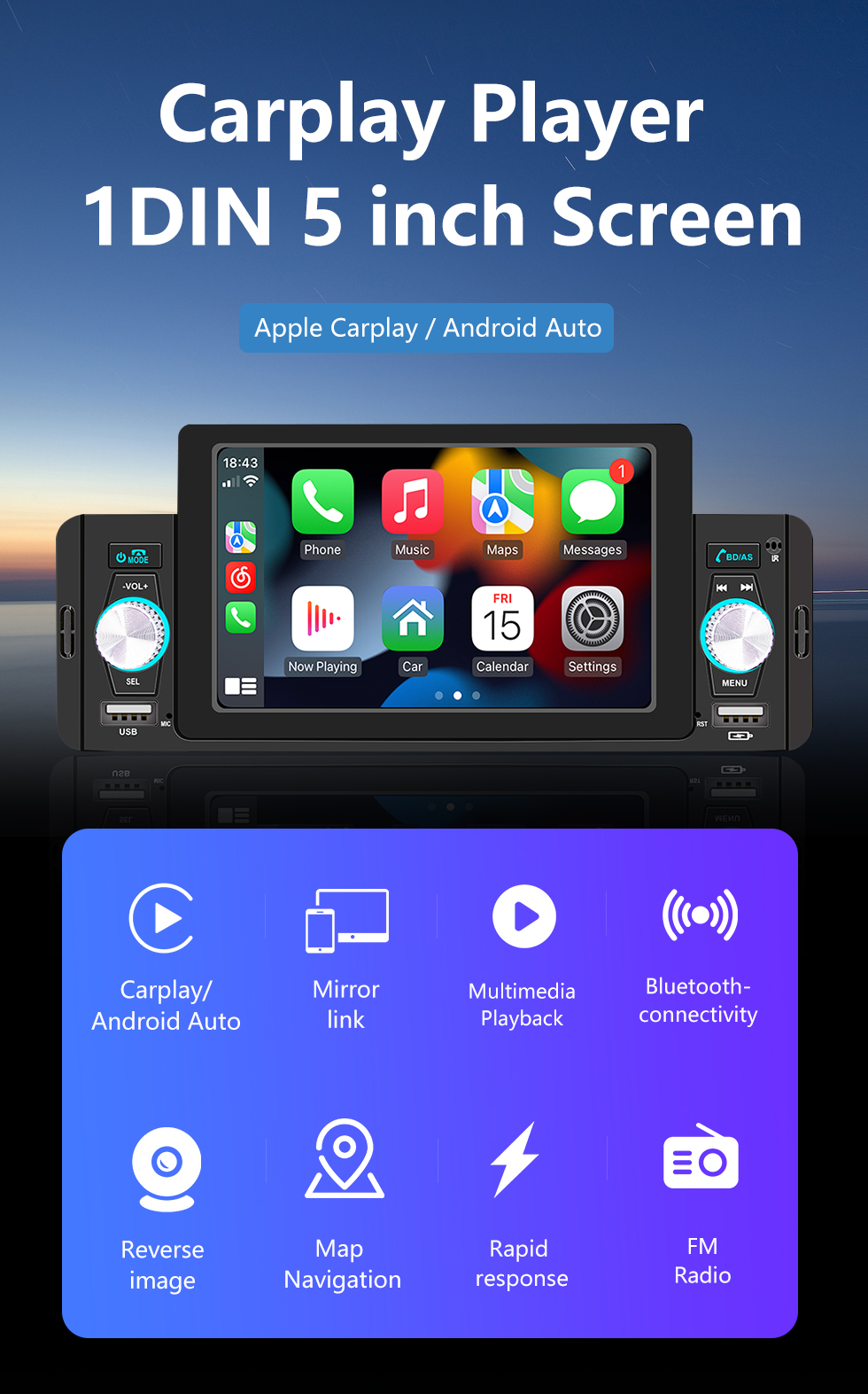 Radio con Bluetooth para coche, Apple CarPlay, 1 Din, 5 pulgadas