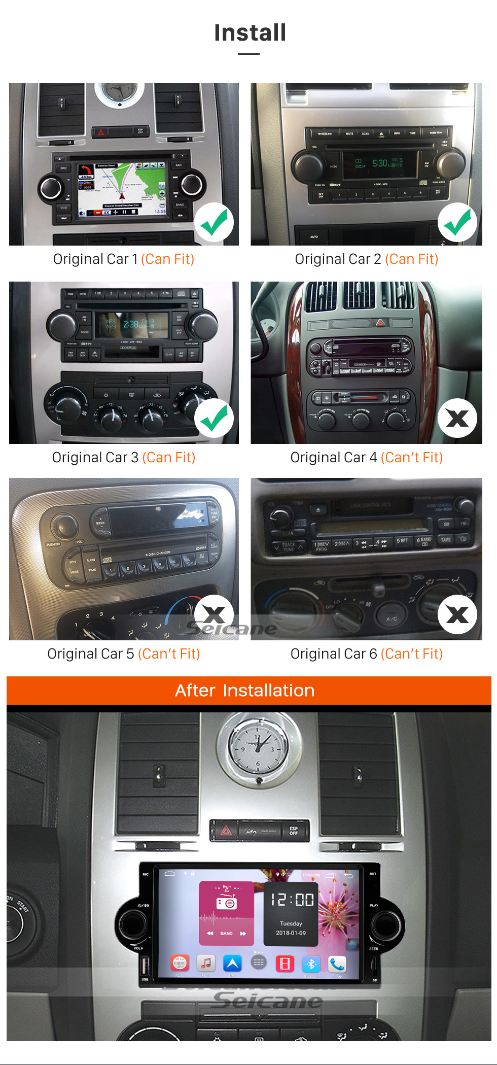 Seicane Aftermarket Android 8.1 Lecteur DVD Système de navigation GPS pour 2002-2007 Dodge Durango Dakota P/U avec OBD2 Bluetooth Radio Lien miroir Écran tactile DVR Caméra de recul TV USB SD 1080P Vidéo WIFI Commande au volant