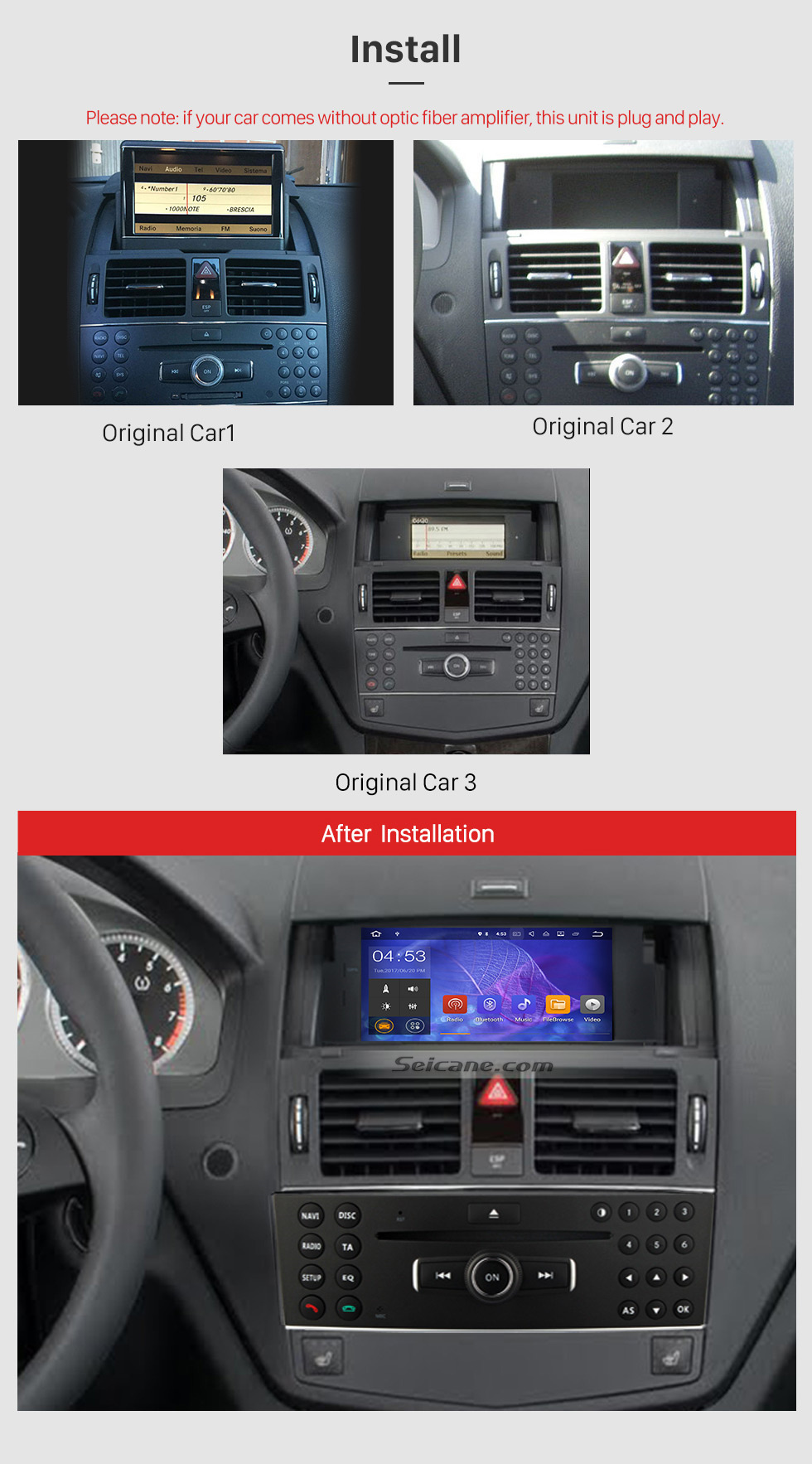 Seicane Android 9.0 DVD Player Sistema de Navegação GPS 2007-2011 Mercedes-Benz Classe C W204 C180 C200 C230 C30 com Controle de Volante Link de Espelho Controle Bluetooth Wifi Câmera de Backup OBD2 DAB DVR