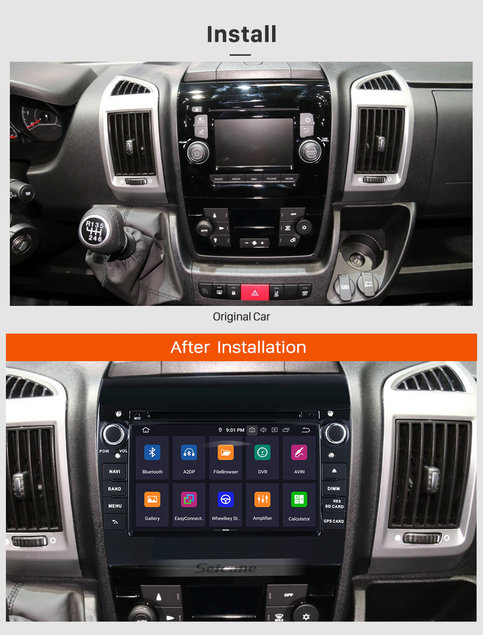 Seicane Aftermarket 7 Zoll Android 9.0 2007-2016 Fiat Ducato / Peugeot Boxer Radio DVD-Player GPS-Navigationssystem mit Bluetooth 3G Wifi Spiegelverbindung Lenkradsteuerung Rückfahrkamera DVR OBD2 DAB +