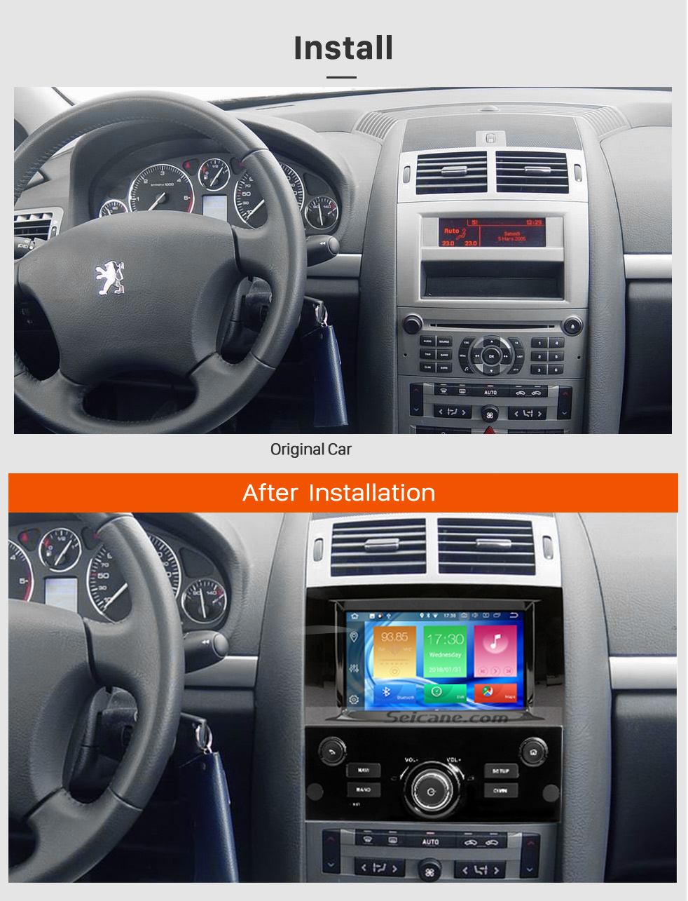 Seicane Système de navigation GPS Radio Android OEM pour 2004-2010 Peugeot 407 avec caméra de recul Wifi Bluetooth Carplay Commande au volant OBD2 DAB + DVR