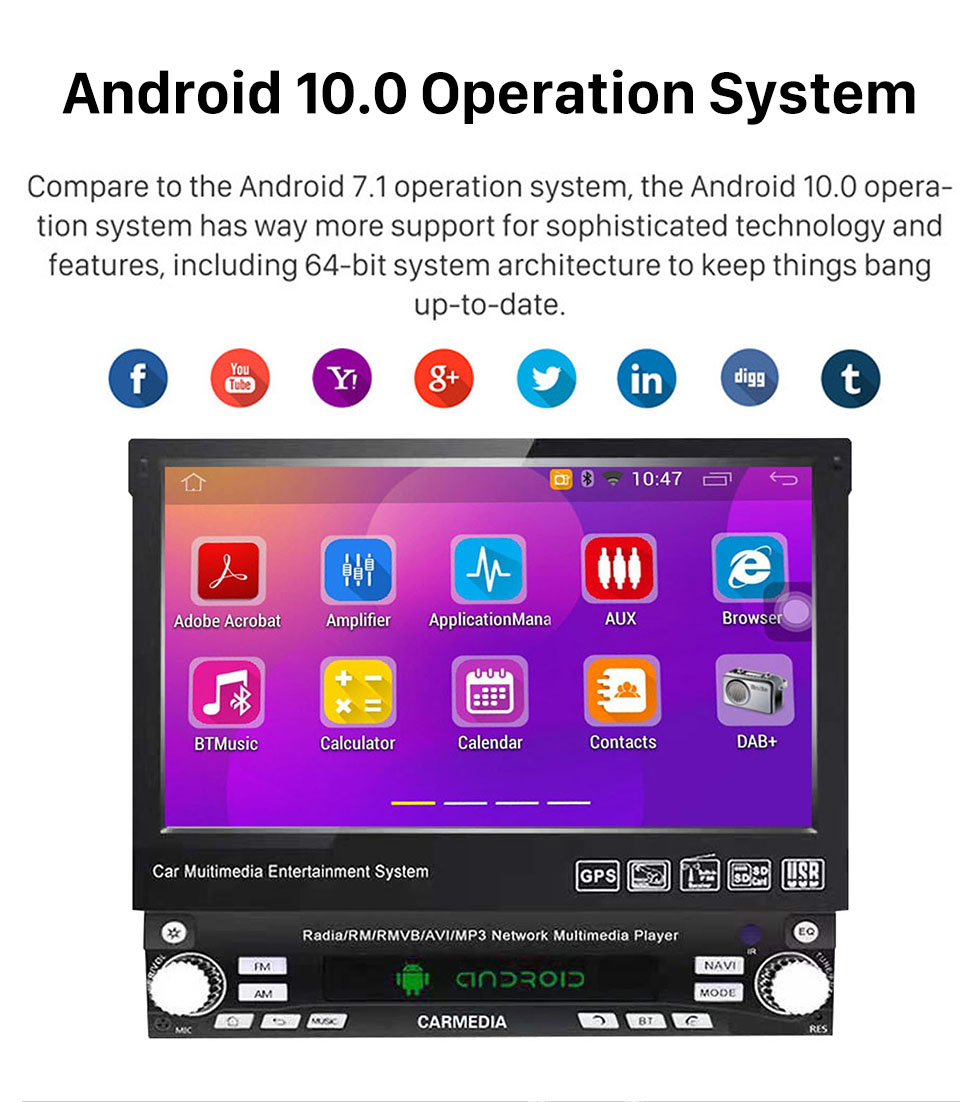 Seicane 7 Zoll Android 10.0 Universal One DIN Autoradio GPS Navigation Multimedia Player mit Bluetooth WIFI Musikunterstützung Mirror Link SWC DVR 1080P Video