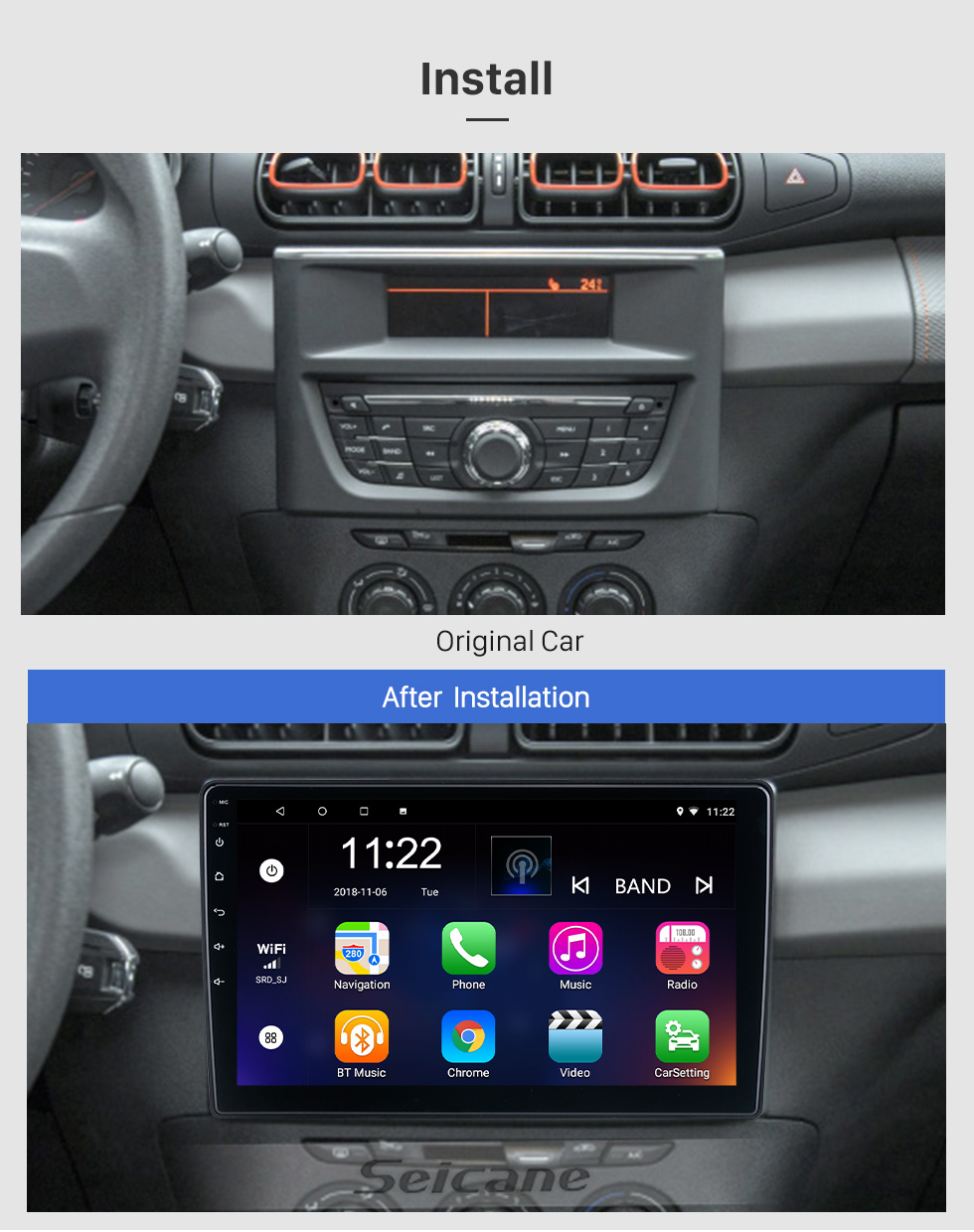 Seicane 10,1-дюймовый Android 13.0 для 2019 Citroen C3-XR Радио GPS-навигация с HD сенсорным экраном Поддержка Bluetooth Carplay TPMS