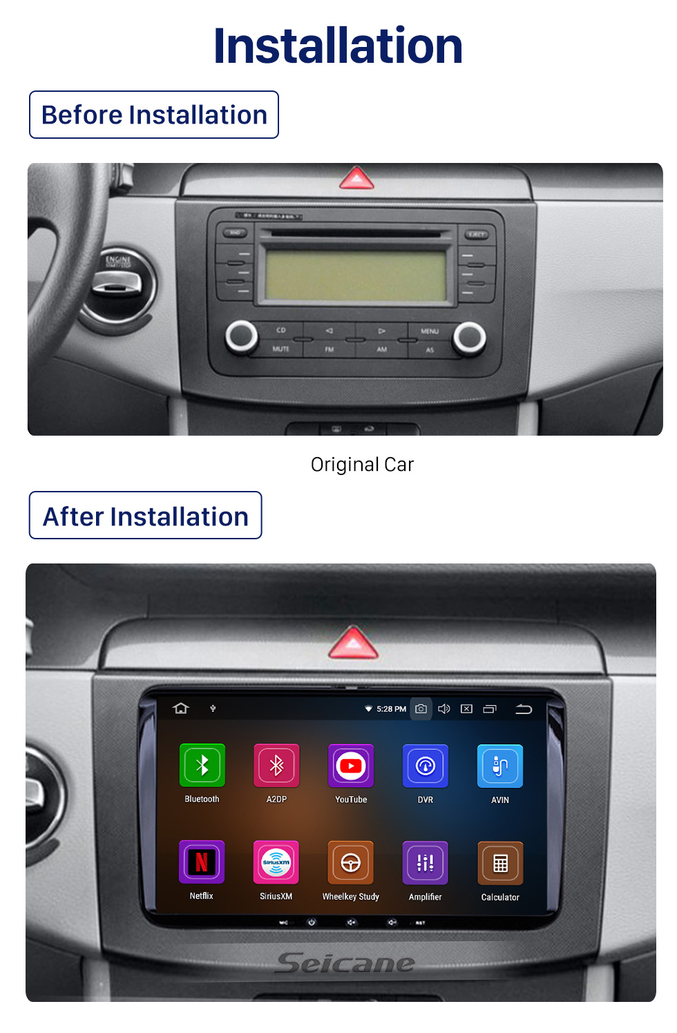 Seicane 9 pouces Android 10.0 Radio Car Navigation Head Unit pour 2008-2013 Skoda Seat VW Volkswagen Passat Tiguan Polo Scirocco avec 4G WiFi Mirror Link OBD2 Bluetooth Commande au volant