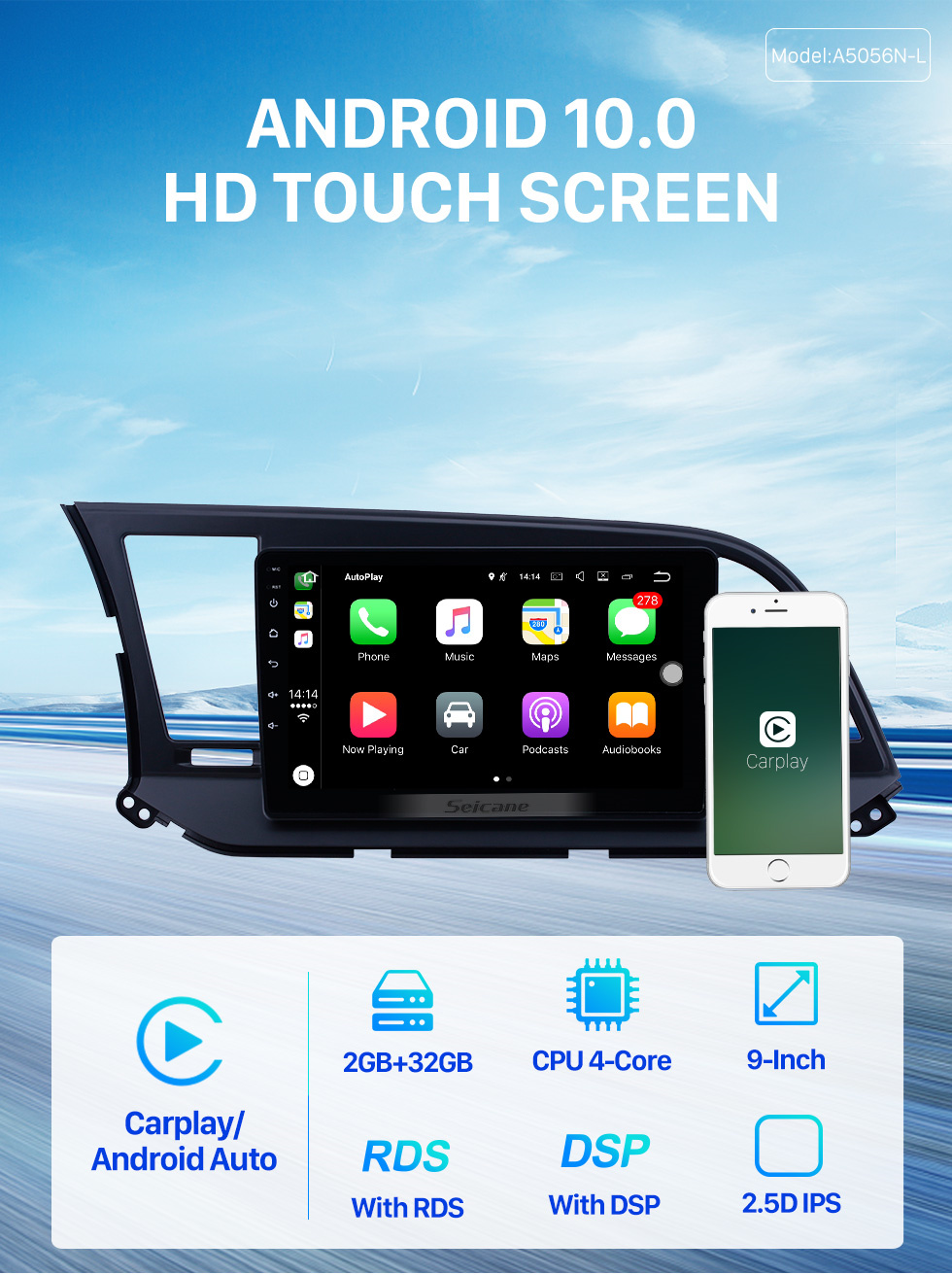 Android 10.0 9 inch GPS Navigation Radio for 2016 Hyundai Elantra LHD