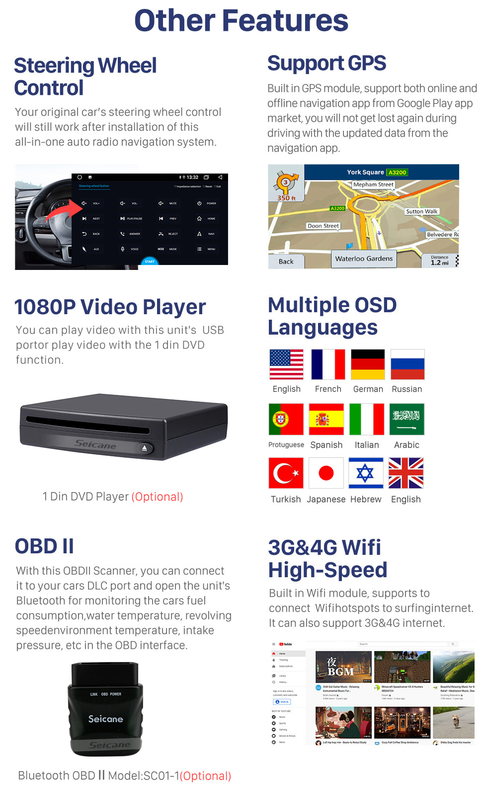 Seicane OEM 9-дюймовый Android 10.0 Radio для 2009-2014 Toyota Sienna Bluetooth HD с сенсорным экраном GPS-навигация Поддержка AUX USB Carplay DVR OBD Камера заднего вида
