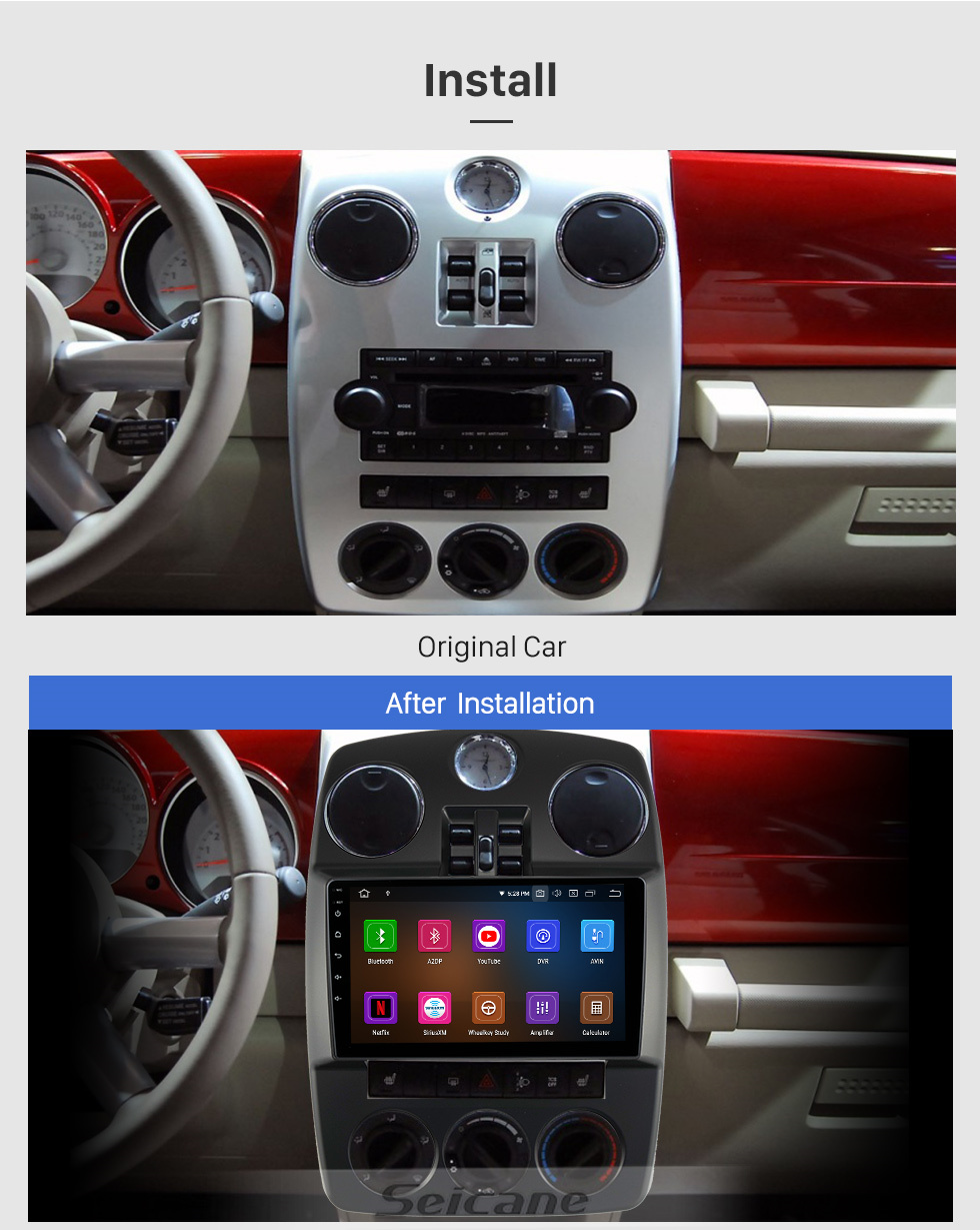 Seicane 9-дюймовый мультимедийный плеер Android 13.0 для Chrysler PT Cruiser 2010 года с сенсорным экраном Bluetooth WiFi Поддержка GPS Navi DVR камера заднего вида