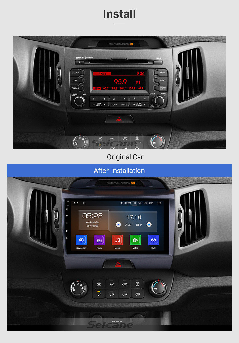 Seicane 9 pulgadas Android 11.0 Pantalla táctil radio Bluetooth Sistema de navegación GPS para 2011-2015 KIA Sportage R con TPMS DVR OBD II USB SD 3G WiFi Cámara trasera Control del volante HD 1080P Video AUX