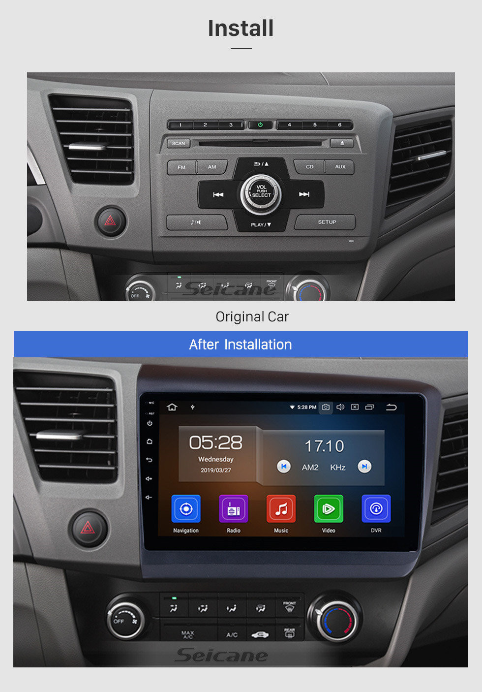 Seicane 10.1 pulgadas Para 2012 Honda Civic Android 11.0 Radio Sistema de navegación GPS con HD 1024 * 600 pantalla táctil Bluetooth OBD2 DVR Cámara de vista trasera TV 1080P Video 3G WIFI Control del volante USB Enlace espejo