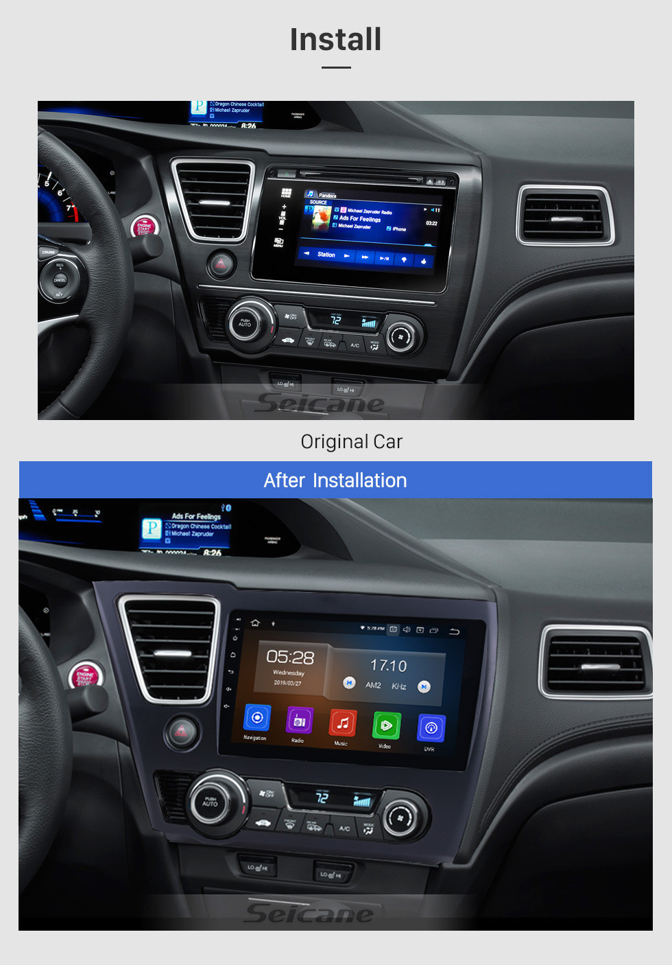 Seicane Para 2014 2015 2016 2017 Honda Civic Android 11.0 HD Pantalla táctil 9 pulgadas estéreo del automóvil GPS Navegación Radio Bluetooth Espejo enlace OBD DVR Cámara de visión trasera TV USB Carplay