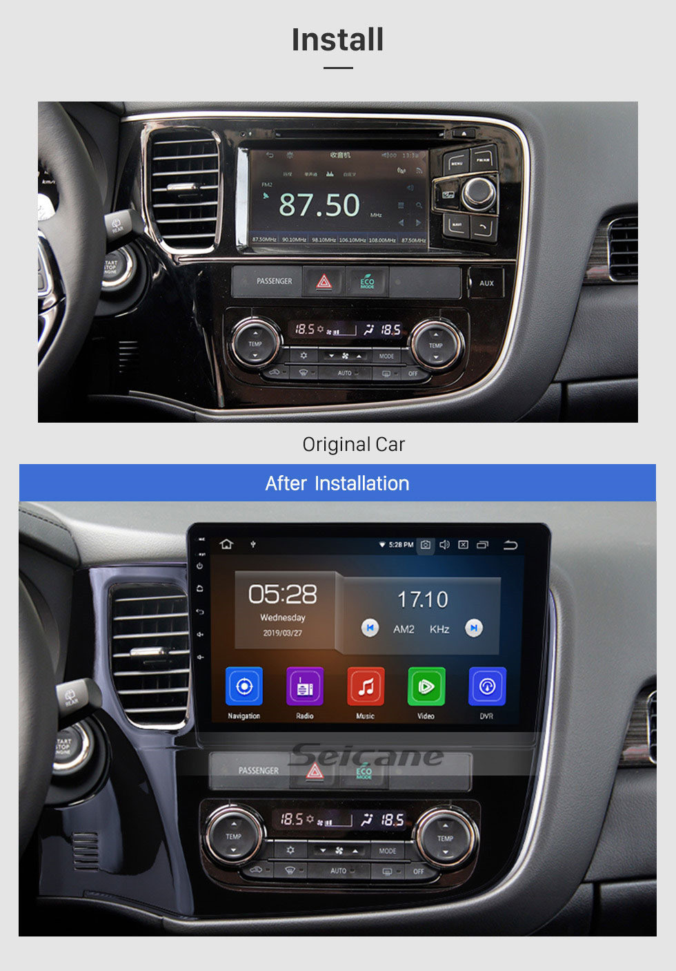 Seicane Android 9.0 GPS-Navigationssystem für 2014 2015 2016 2017 Mitsubishi Outlander HD-Touchscreen Bluetooth-Radio Wlan SWC 1080 P Carplay USB DAB OBD2
