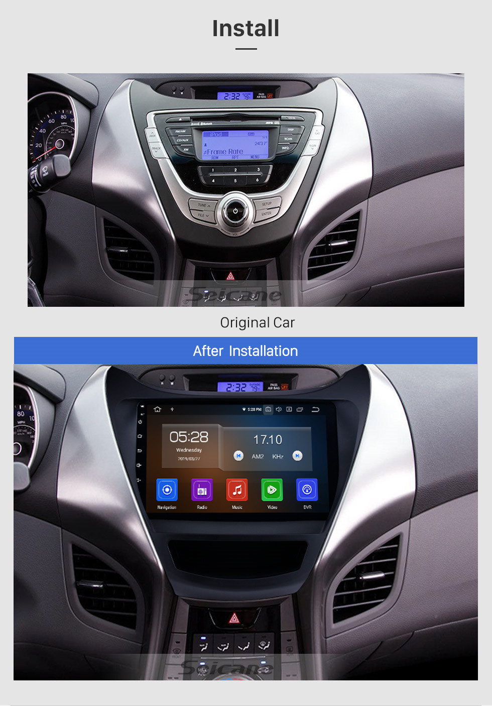 Seicane Android 11.0 pour Hyundai Elantra LHD 2011 2012 2013 Remplacement de la radio avec le système GPS Bluetooth de voiture de rechange 1024 * 600 Écran capacitif multi-touch 3G WiFi Lien miroir OBD2 AUX HD 1080P DVR vidéo