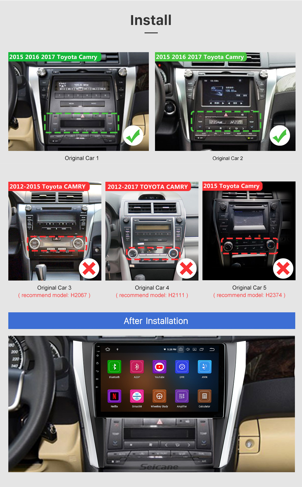 Seicane 10,1 Zoll Android 11.0 Bluetooth-Radio für 2015 2016 2017 Toyota CAMRY 3G WiFi GPS-Navigationssystem TPMS DVR OBD II hintere Kamera AUX Kopfstützen-Monitorsteuerung USB SD Video 3G WiFi Kapazitiver Touch Screen