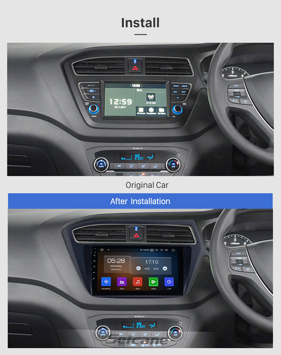 Seicane Pantalla táctil HD 2018-2019 Hyundai i20 RHD Android 11.0 9 pulgadas Navegación GPS Radio Bluetooth USB Carplay Música AUX ayuda TPMS SWD OBD2 TV digital