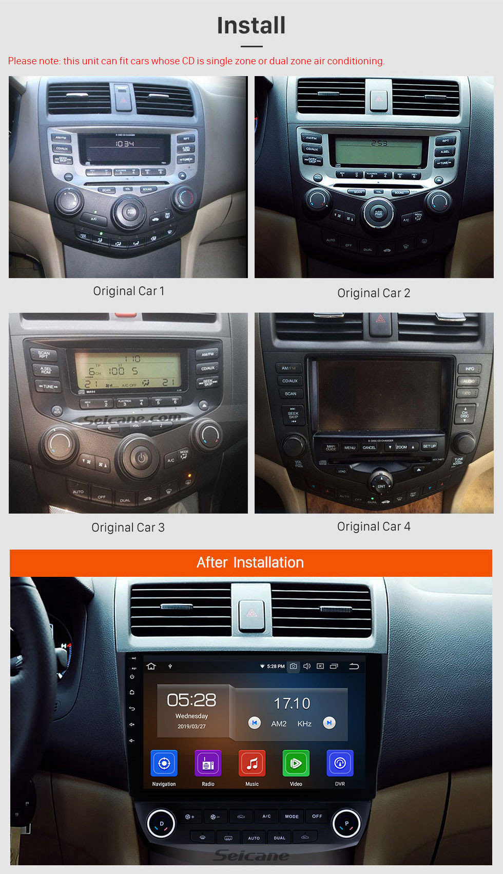Seicane Écran tactile HD de 10,1 pouces pour 2003 2004 2005 2006 2007 Honda Accord 7 Android 11.0 Système de navigation GPS Radio avec Bluetooth USB Prise en charge de Carplay DVR