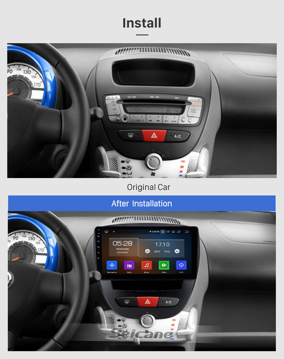 Seicane 10.1 pulgadas 2005-2014 Peugeot 107 Android 11.0 Navegación GPS Radio Bluetooth HD Pantalla táctil AUX Carplay Música compatible 1080P Video TV digital Cámara trasera