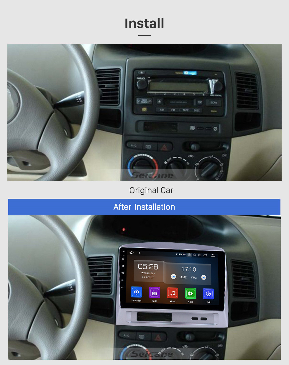 Seicane 9 pulgadas 2004 Toyota Vios Android 11.0 Navegación GPS Radio Bluetooth HD Pantalla táctil AUX Carplay Música compatible 1080P Video TV digital Cámara trasera