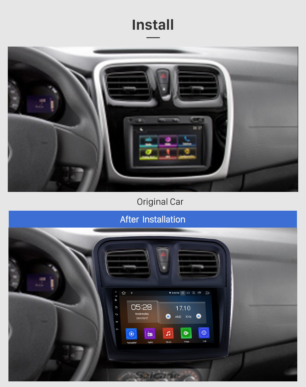 Seicane Pantalla táctil HD 2012-2017 Renault Sandero Android 11.0 9 pulgadas Navegación GPS Radio Bluetooth Carplay compatible con DAB + OBD2
