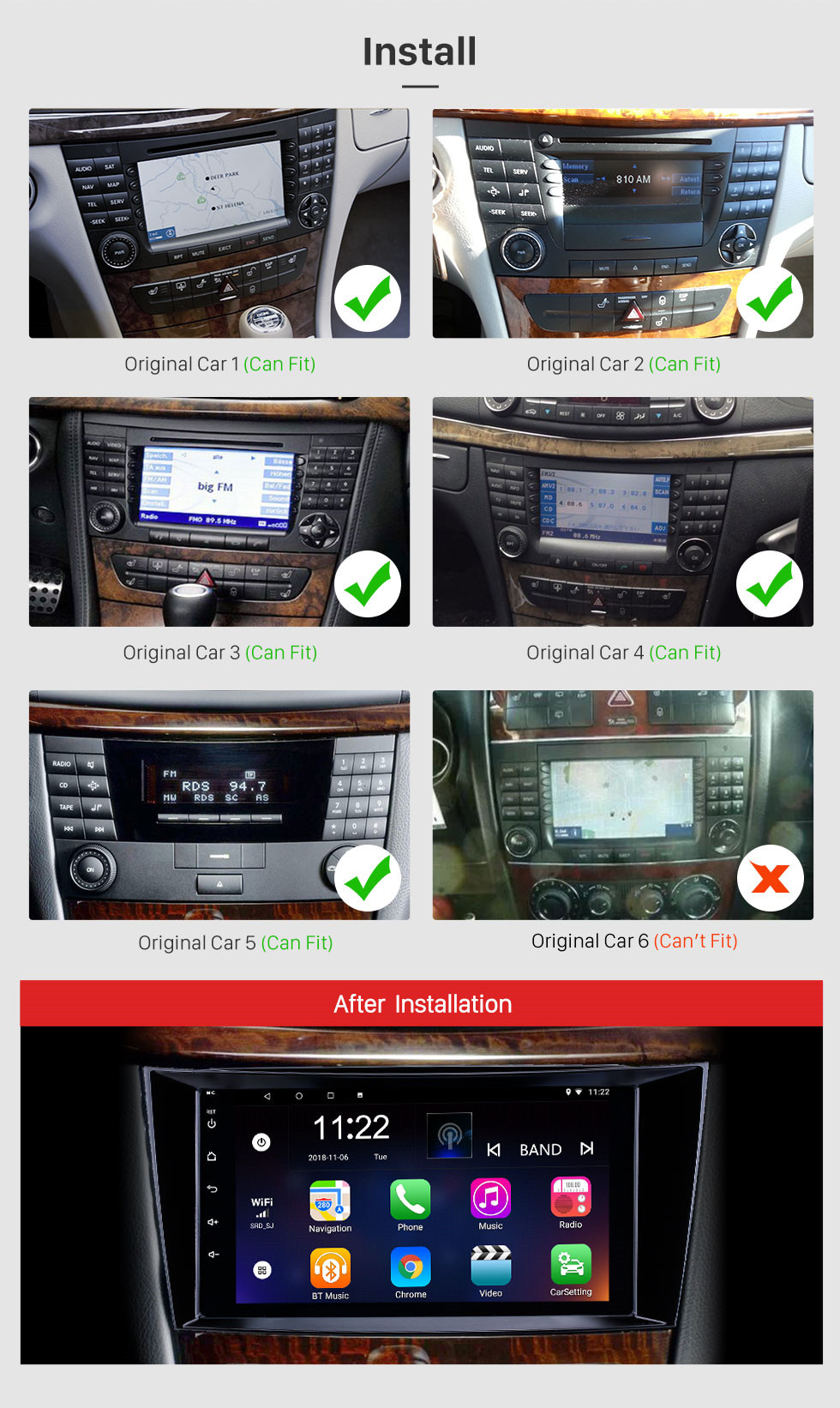 Seicane HD сенсорный экран 8-дюймовый Android 11.0 Радио GPS-навигация Штатная магнитола для 2002-2008 Mercedes-Benz E W211 E200 E220 E230 E240 E270 E280 E300 E320 с USB WiFi Поддержка Bluetooth DVD-плеер OBD2 Управление рулевого колеса