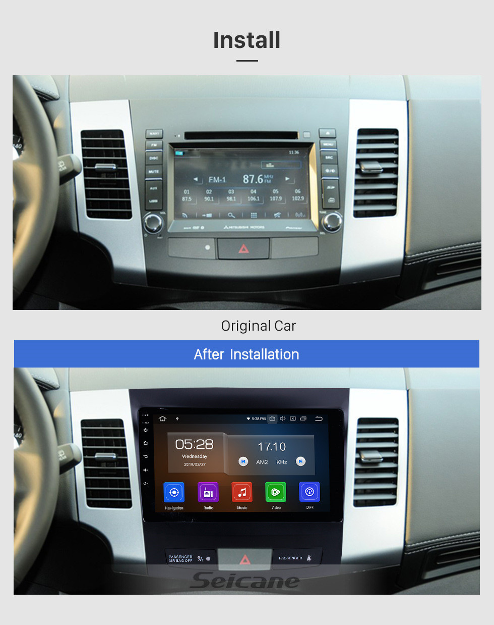 Seicane 9 pulgadas Android 11.0 Radio de pantalla táctil Bluetooth Sistema de navegación GPS para Mitsubishi OUTLANDER 2006-2014 Soporte TPMS DVR OBD II USB SD 3G WiFi Cámara trasera Control del volante HD 1080P Video AUX