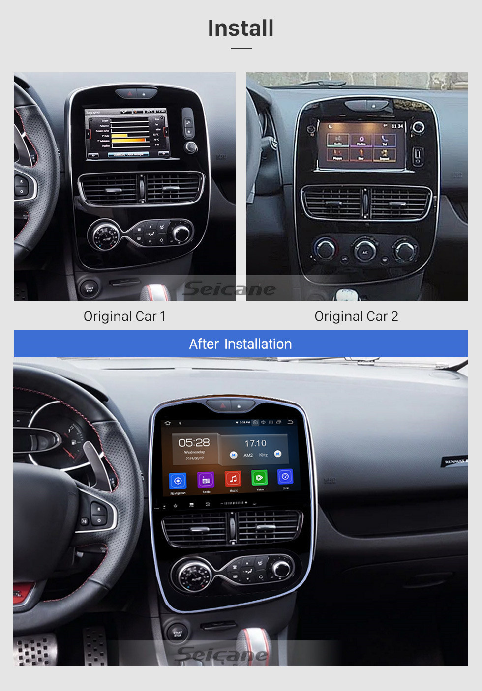 Seicane 10,1-дюймовый Android 11.0 HD с сенсорным экраном Радио GPS навигационная система для 2016-2018 Renault Clio Цифровая / Аналоговая (AT) автомобильная стереосистема Bluetooth 3G / 4G WIFI OBDII Видеонаблюдение Рулевое управление Камера заднего вида