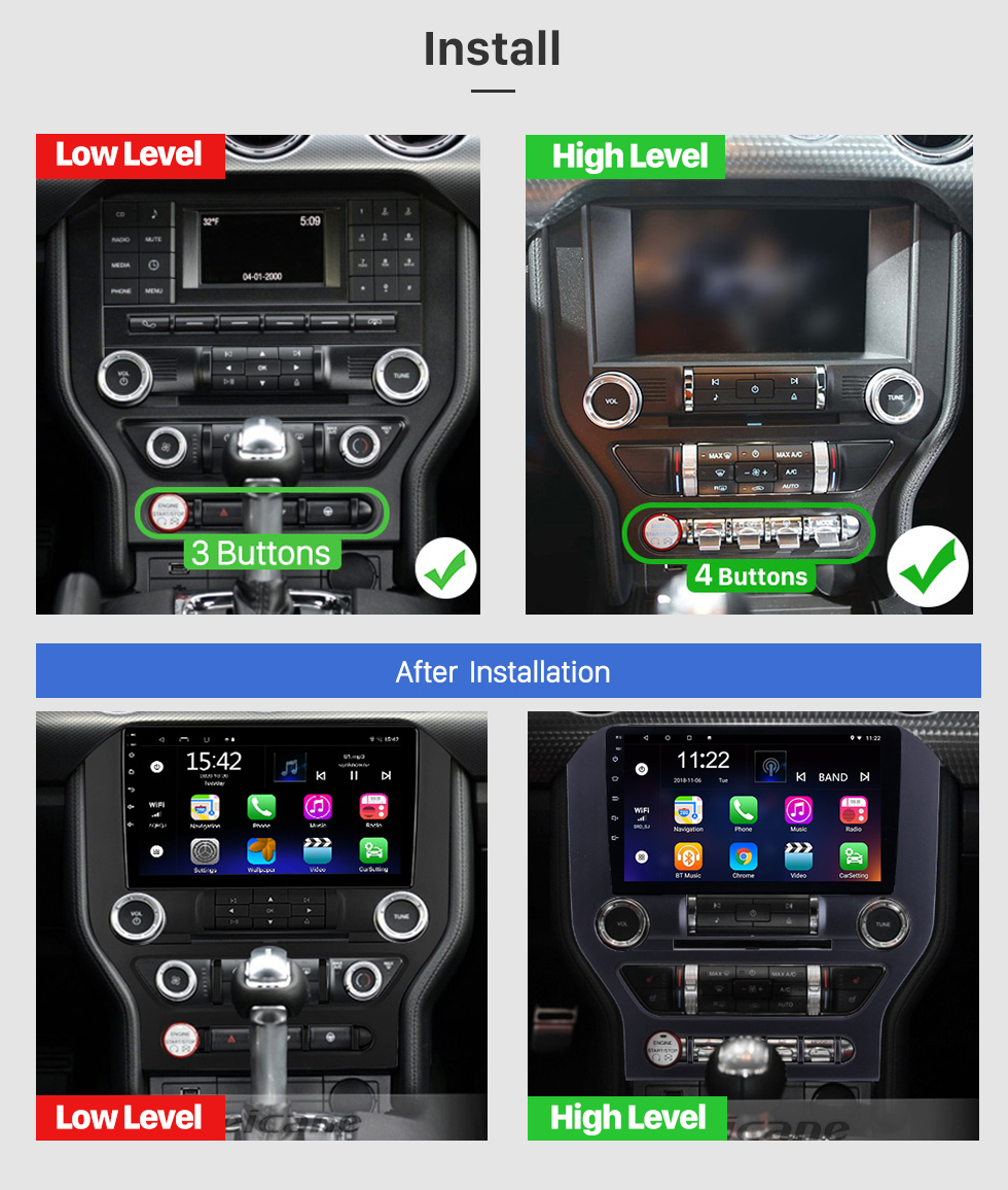 Seicane 9 polegadas Android 12.0 HD Touchscreen para 2015-2018 Ford Mustang Low Radio GPS Navigation System com WIFI Bluetooth suporte Carplay Steering Wheel Control DVR OBD 2