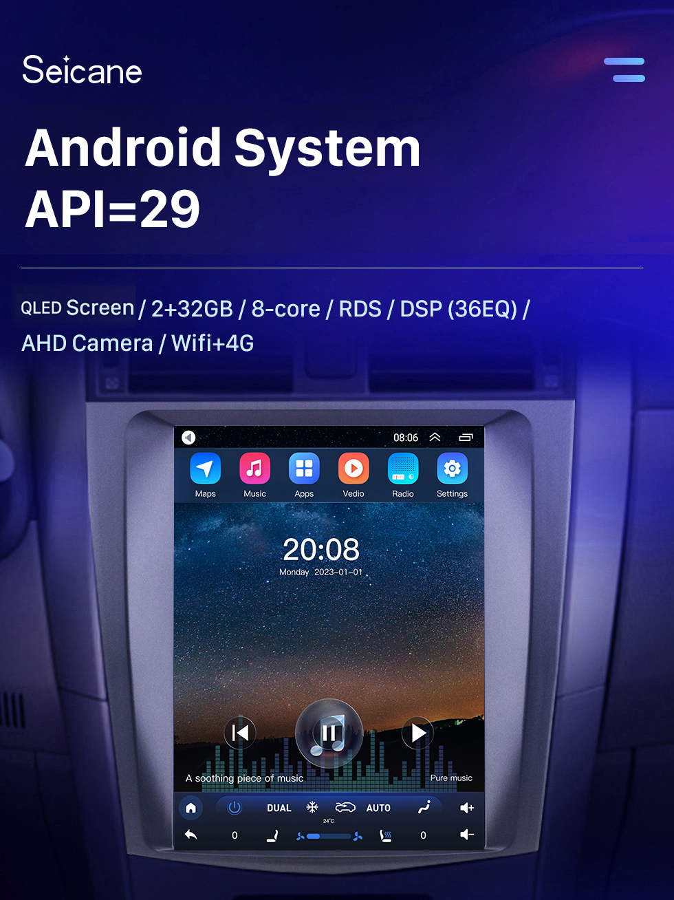 Seicane 9,7 pouces Android 10.0 Multimédia Autoradio Système de navigation GPS pour 2006-2012 Toyota Corolla Écran tactile 4G WiFi 1080P Mirror Link OBD2