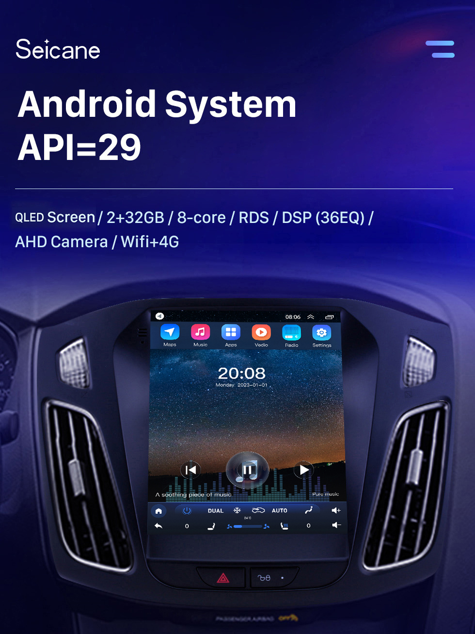 Seicane Android 10.0 2012 2013 2014 2015 Ford Focus 9,7 polegadas Tesla Estilo HD Touchscreen Carro Rádio Estéreo Unidade Principal Navegação GPS Suporte Bluetooth Controle de Volante USB WIFI OBD2 Câmera Retrovisor