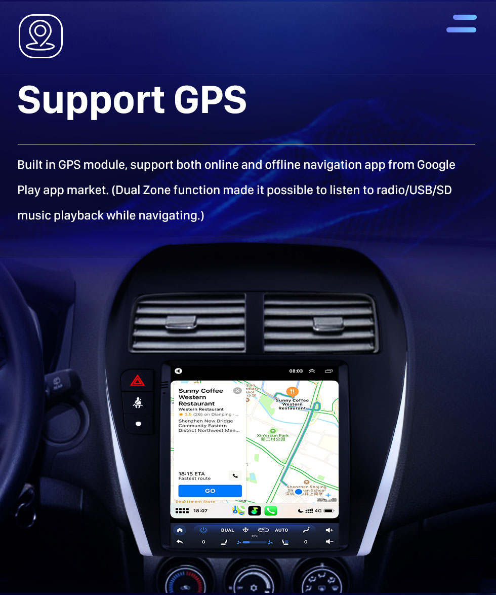Seicane 9.7 pulgadas 2013-2018 Mitsubishi ASX Android 10.0 Radio Sistema de navegación GPS con 4G WiFi Pantalla táctil TPMS DVR OBD II Cámara trasera AUX Control del volante USB SD Bluetooth HD 1080P Video