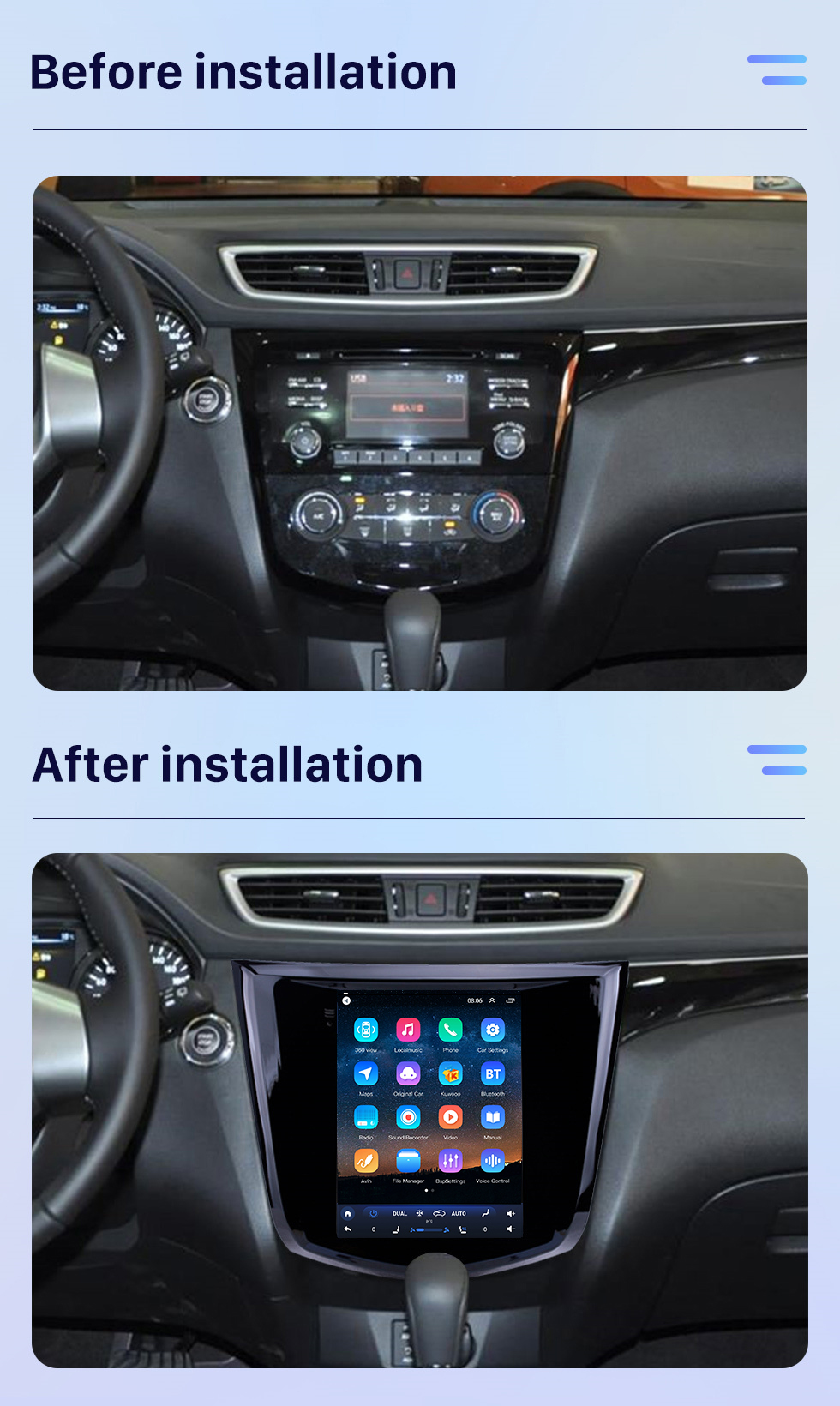 Seicane HD-Touchscreen 2014 Nissan X-Trail Qashqai Android 10.0 9,7 Zoll GPS-Navigationsradio Bluetooth-Unterstützung Digital TV Carplay