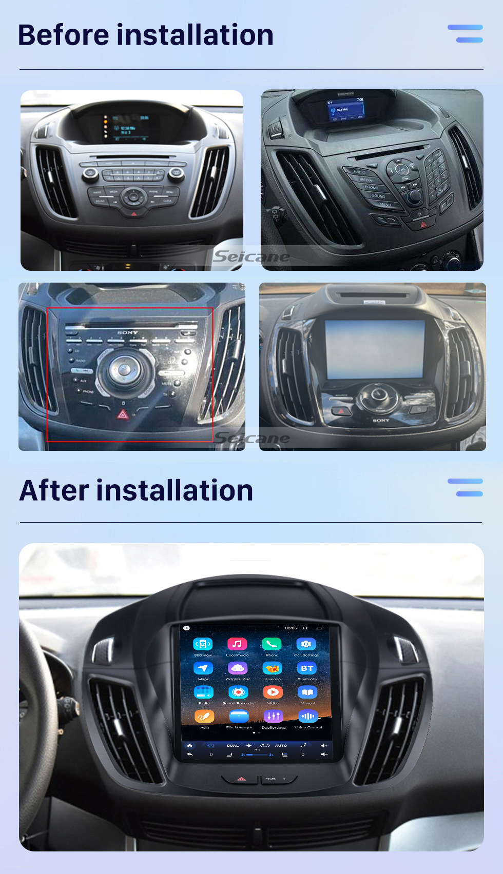 Seicane Android 10.0 9,7 Zoll für 2013-2018 Ford Escape Kuga Radio mit GPS-Navigation HD Touchscreen Bluetooth-Unterstützung Carplay DVR OBD2