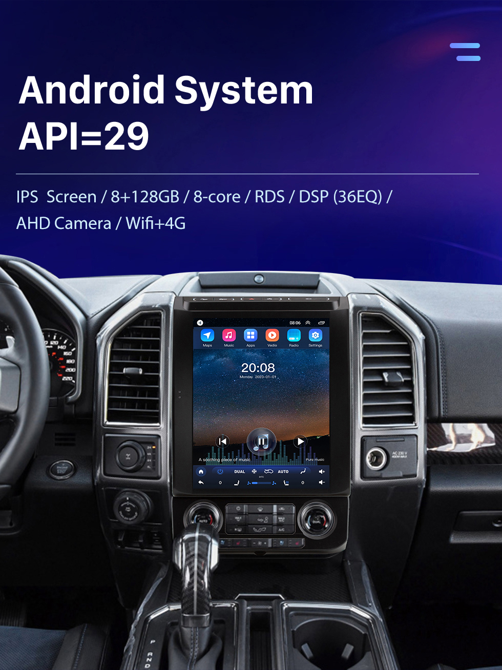 Seicane 12,1 pouces Android 10.0 HD Écran tactile pour 2015-2020 Ford Mustang F150 Stéréo Autoradio Bluetooth Carplay Stéréo Système Support AHD Caméra