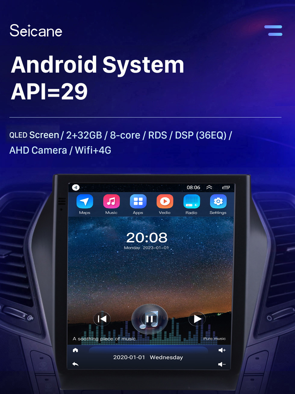 Seicane 9,7-дюймовый сенсорный HD-экран для 2013 2014-2017 Hyundai Santa Fe IX45 Sonata Android 10.0 Радио GPS-навигация Поддержка Bluetooth Камера заднего вида OBD2