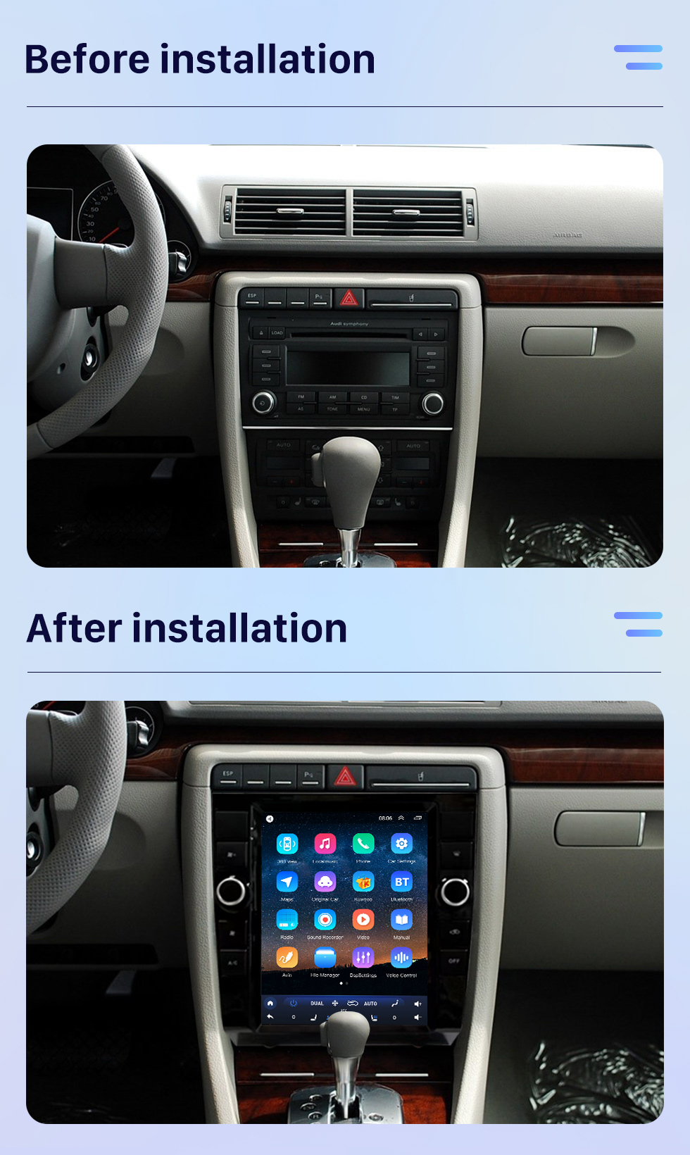 Seicane Для Audi A4 2002-2008 гг. Обновленный Android 10 Radio Stereo с 9,7-дюймовым сенсорным экраном. Встроенная поддержка Carplay DSP. 3D-навигация. Управление на рулевом колесе. Камера 360 °.