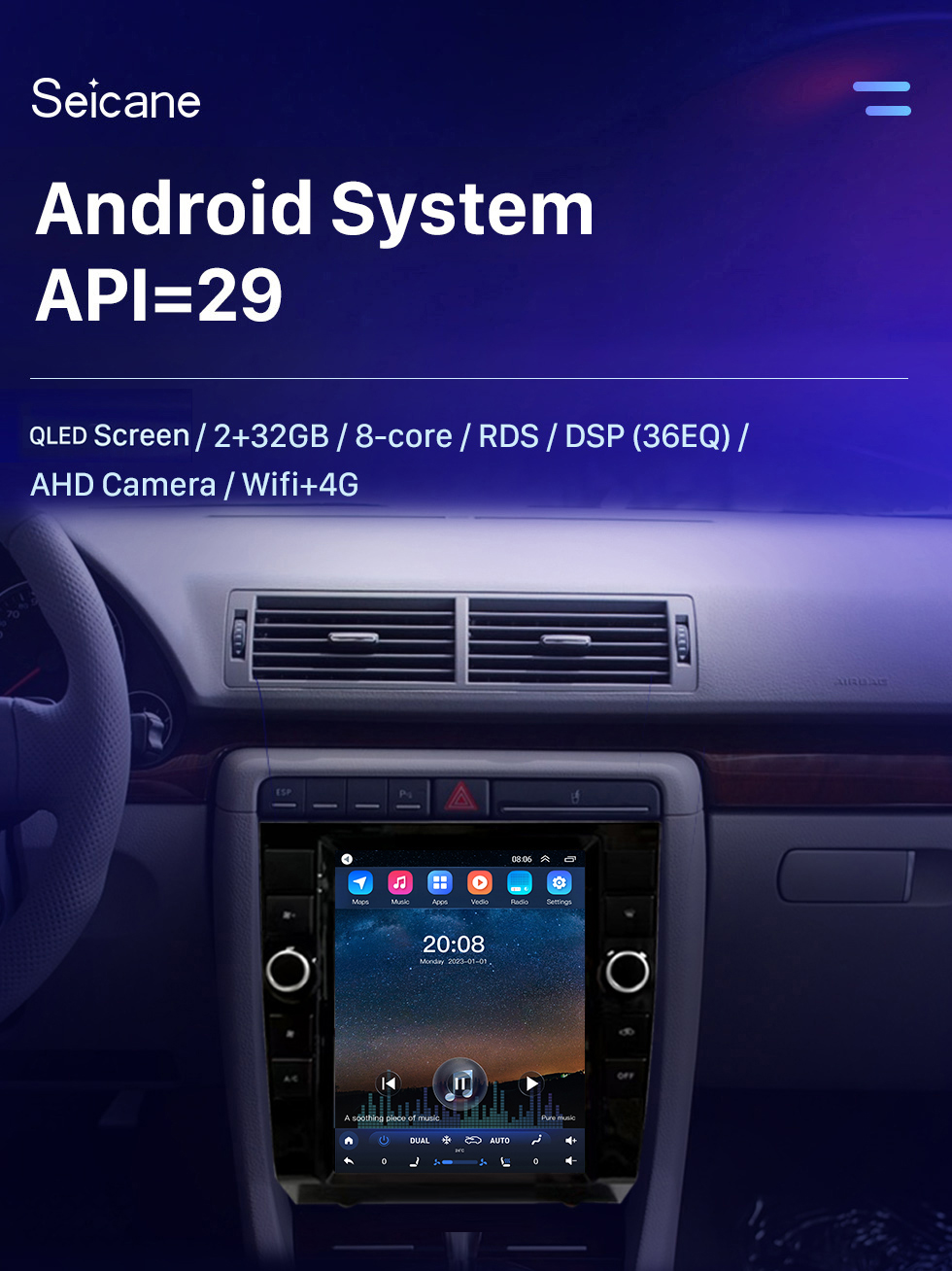 For 2002-2008 Audi A4 Upgraded Android 10 Radio Stereo with 9.7 Inch  Touchscreen Built-in Carplay DSP support 3D Navigation Steering Wheel  Control 360° Camera