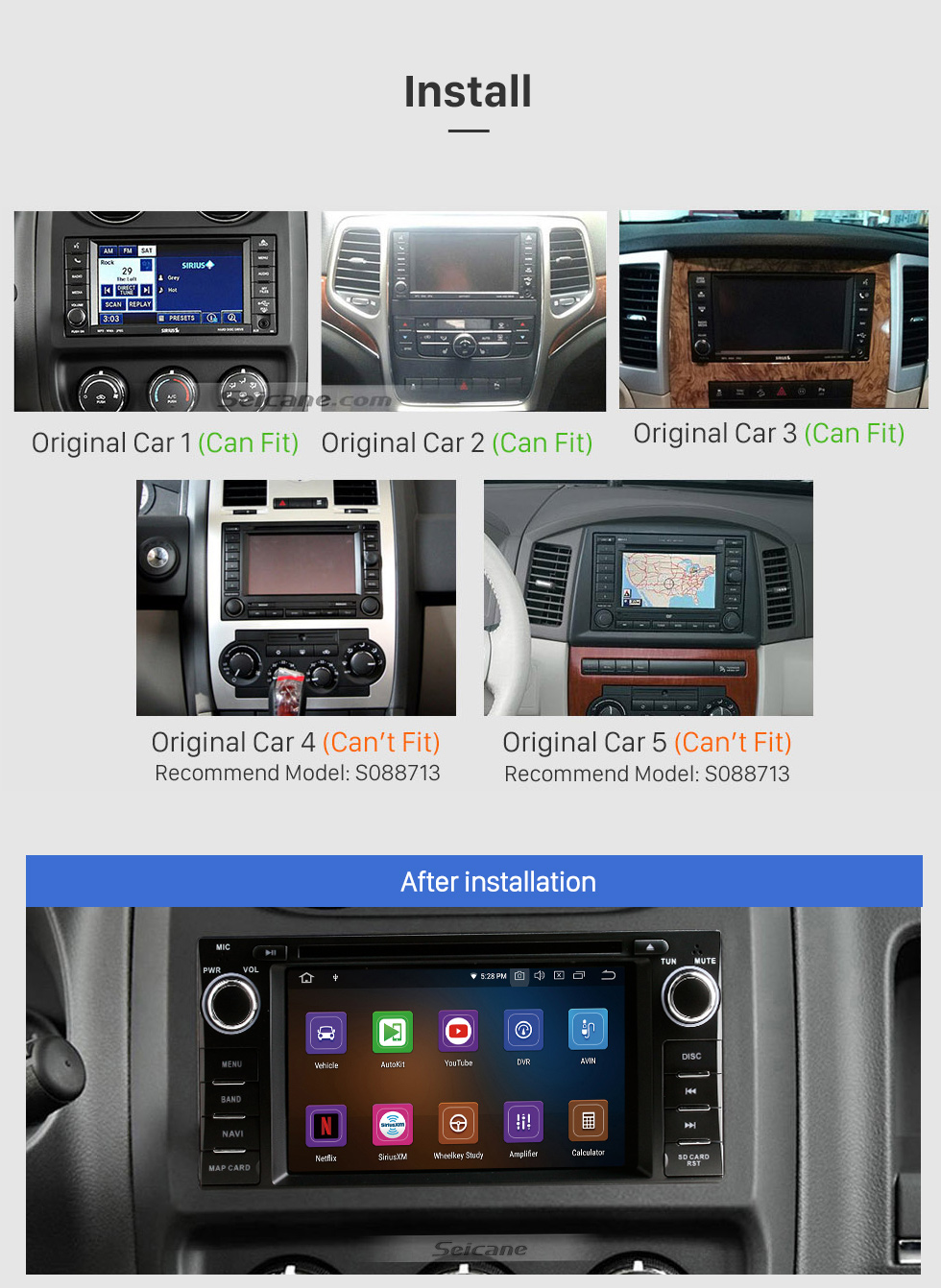 Seicane 6.2 pulgadas 2005-2011 Jeep Grand Cherokee Wrangler Compass Commander Android 11.0 Navegación GPS Radio Bluetooth Pantalla táctil Soporte Carplay Cámara de respaldo