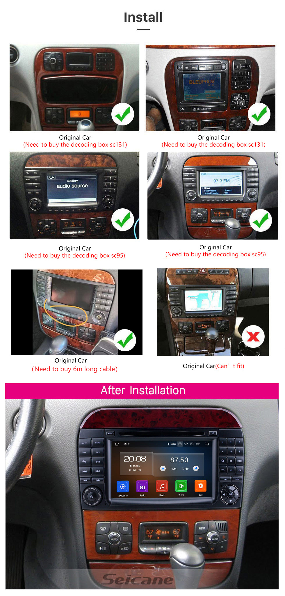 Seicane Android 12.0 1998-2005 Mercedes Benz S Класс W220 / S280 / S320 / S320 CDI / S400 CDI / S350 / S430 / S500 / S600 / S55 AMG / S63 AMG / S65 AMG 7-дюймовый HD-сенсорный GPS-навигатор с Carplay Bluetooth с поддержкой DVR