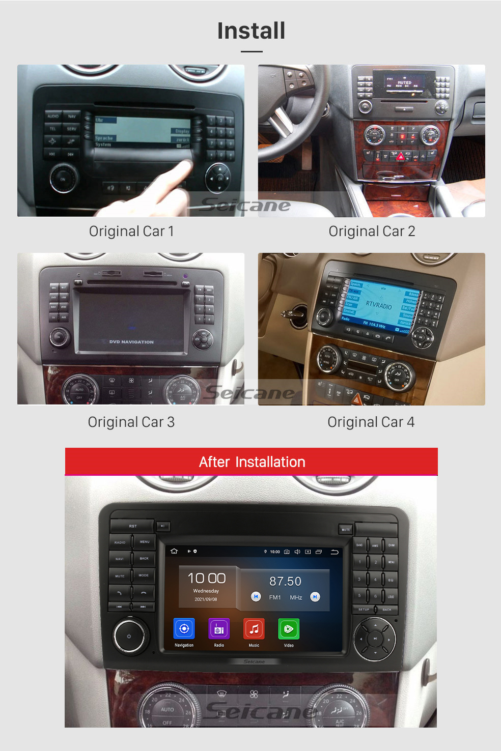 Seicane 7 polegadas Android 11.0 HD Touchscreen GPS Navigation Radio para 2005-2012 Mercedes Benz ML CLASSE W164 ML350 ML430 ML450 ML500/GL CLASSE X164 GL320 com Carplay Bluetooth suporte Mirror Link