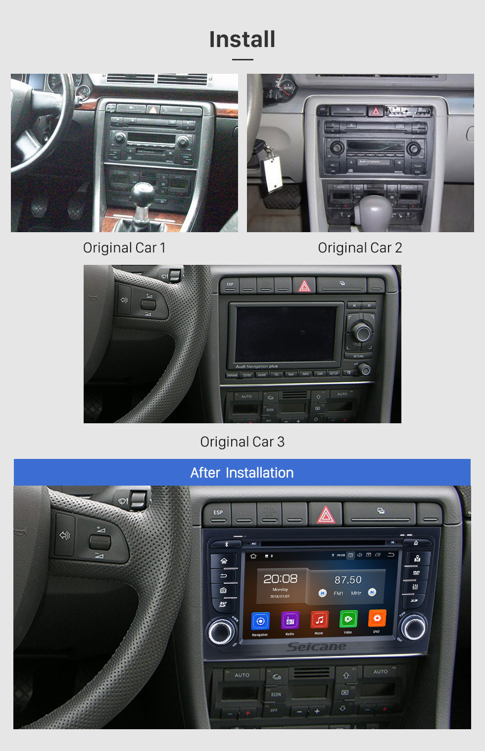 Seicane Für 2011 Audi A4 Radio 7 Zoll Android 11.0 HD Touchscreen Bluetooth mit GPS Navigationssystem Carplay Unterstützung Rückfahrkamera OBD2