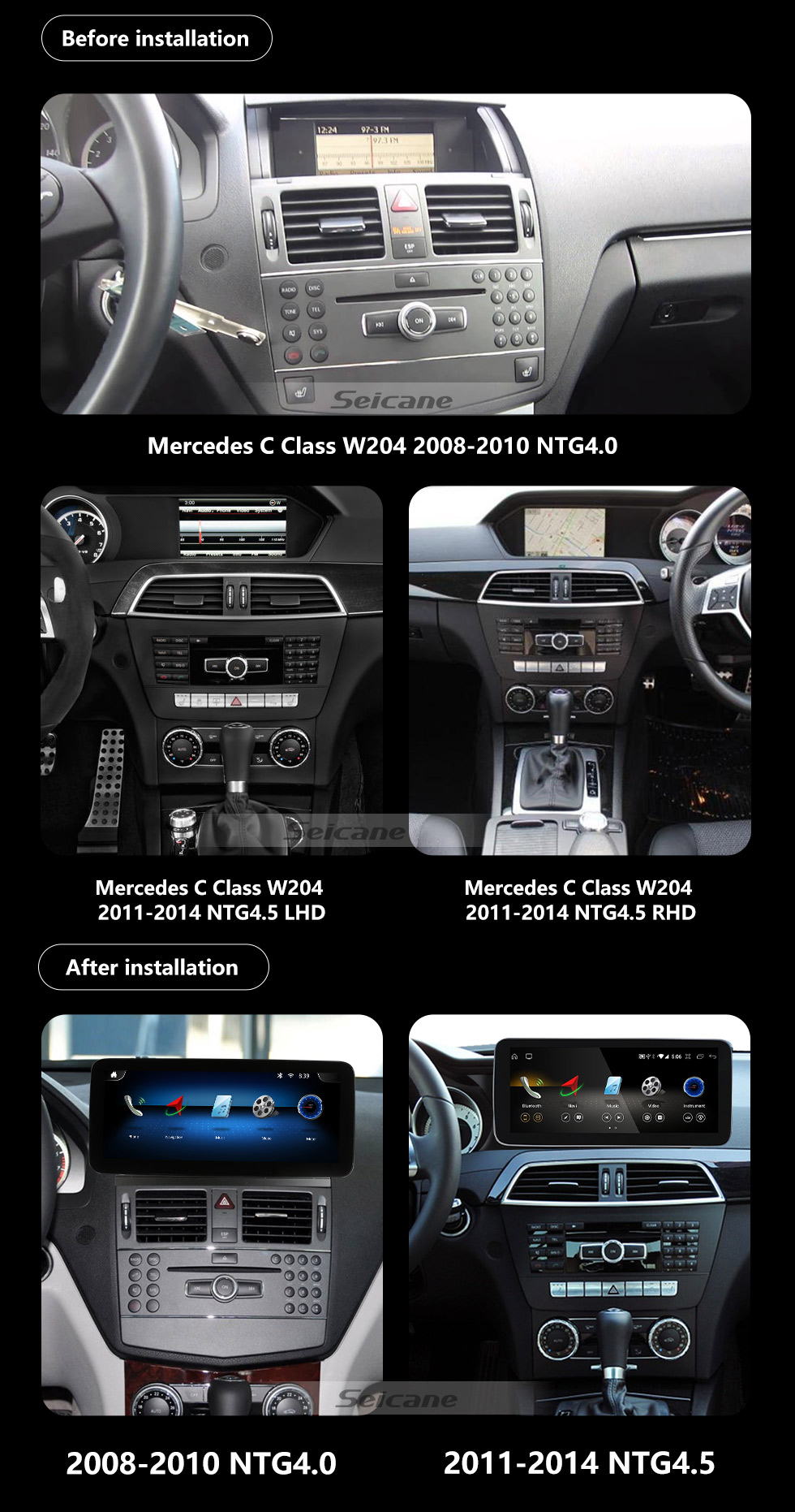 Seicane Carplay 12,3-дюймовый Android 11.0 для 2008-2010 2011 2012 2013 2014 Mercedes C Class W204 C180 C200 C230 C260 C280 C300 Радио GPS-навигационная система с сенсорным экраном HD Bluetooth