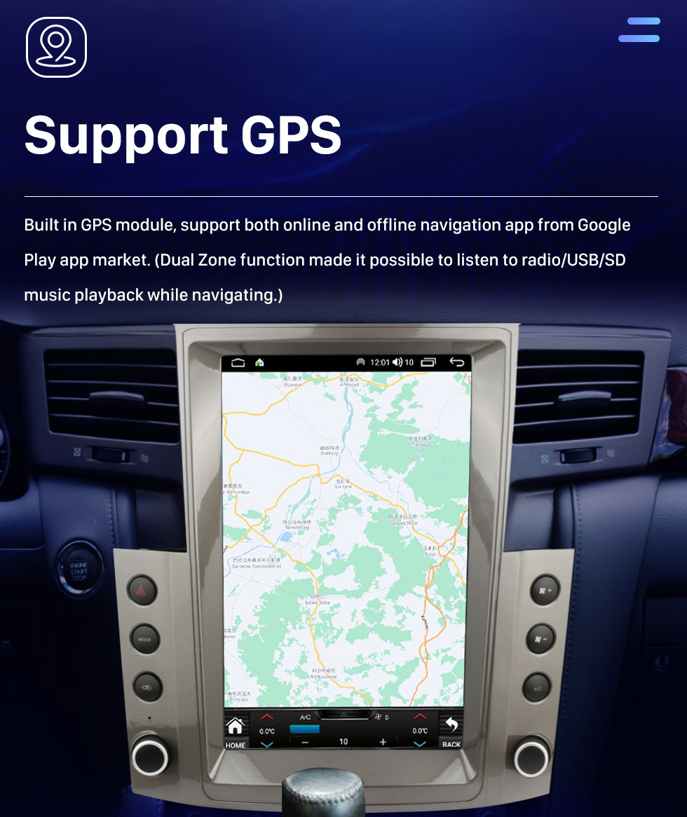 Seicane Rádio do carro de 12,1 polegadas Android 10.0 para 2007-2009 Lexus LX570 Sistema de navegação GPS com suporte a Bluetooth Carplay OBD2 DVR TPMS