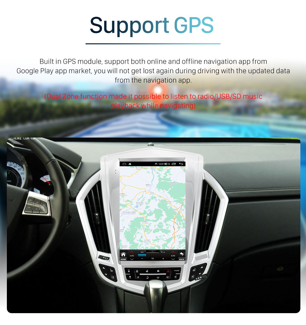 Seicane Unidad principal de radio popular del mercado de accesorios de 12.1 pulgadas para 2009 2010 2011 2012 Cadillac SRX Android Pantalla táctil con navegación GPS DSP Bluetooth Carplay incorporada