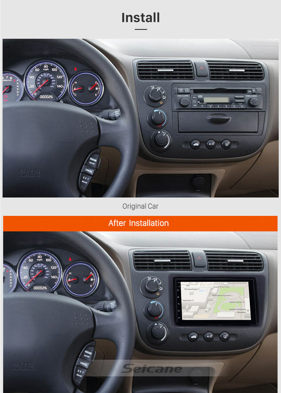 Seicane Android 13.0 HD Touchscreen Autoradio Head Unit für 2001-2005 Honda Civic GPS Navigation Bluetooth WIFI Unterstützung Mirror Link USB DVR 1080P Video Lenkradsteuerung