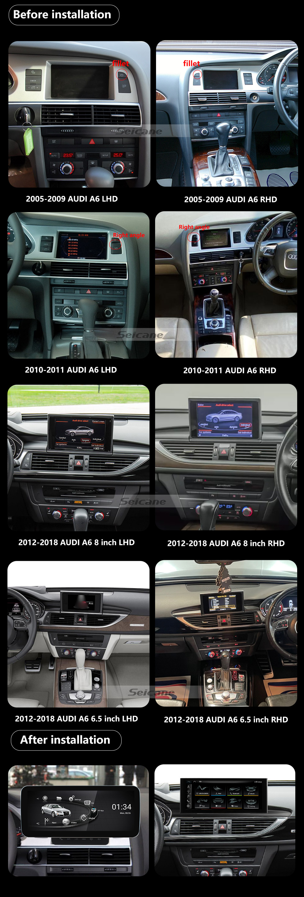 Seicane 12,3 polegadas Android 11.0 para 2005-2017 2018 2019 Audi A6 A7 estéreo do carro Bluetooth HD Touchscreen Carplay Sistema de navegação GPS